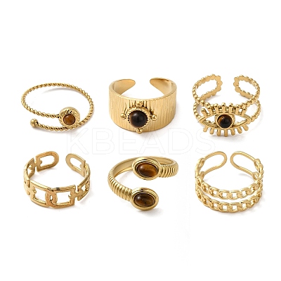 6Pcs 6 Style Rectangle & Horse Eye & Half Round 304 Stainless Steel Open Cuff Rings Set RJEW-P092-03G-M-1