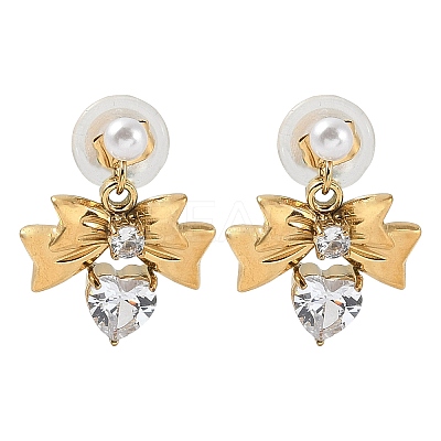 304 Stainless Steel Micro Pave Cubic Zirconia Bowknot Dangle Stud Earrings LS-EJEW-U065-03G-01-1