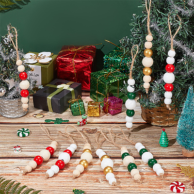 30Pcs 6 Colors Wooden Beaded Pendant Decorations HJEW-AB00737-1