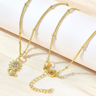 Brass Micro Pave Clear Cubic Zirconia Sunflower Pendant Necklaces for Women NJEW-A039-01A-G-1