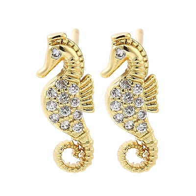 Sea Horse Brass Micro Pave Cubic Zirconia Ear Studs EJEW-D304-38G-1