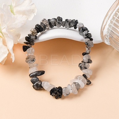 Natural Tourmalinated Quartz/Black Rutilated Quartz Stretch Bracelets BJEW-JB03681-01-1