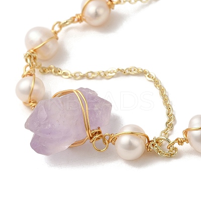 Natural Amethyst Nuggets & Pearl Link Bracelets BJEW-C051-34G-1