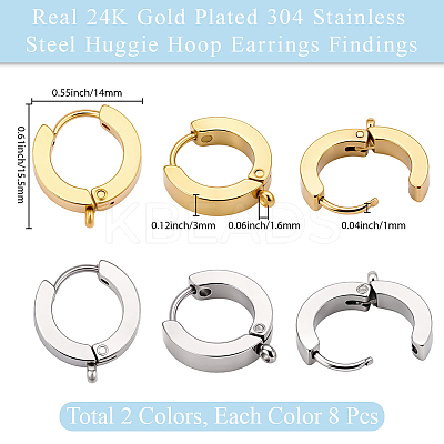 16Pcs 2 Colors 304 Stainless Steel Huggie Hoop Earrings Findings STAS-BBC0009-68C-1