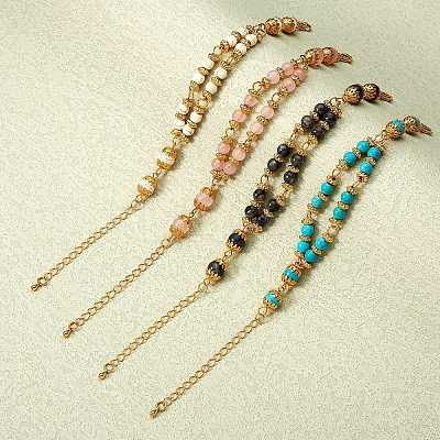 4Pcs 4 Style Synthetic Turquoise & Magnesite & Natural Larvikite & Rose Quartz Beaded Multi-strand Bracelets Set for Women BJEW-SW00038-1