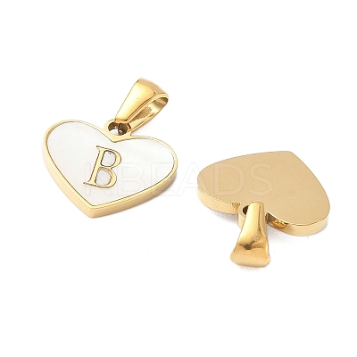 304 Stainless Steel Pave Natural White Shell Heart with Initial Slice Pendants STAS-R168-25G-B-1