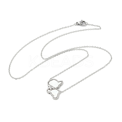304 Stainless Steel Pave Natural White Shell Cute Cat Shaped Pendant Necklaces for Women NJEW-M101-01P-1