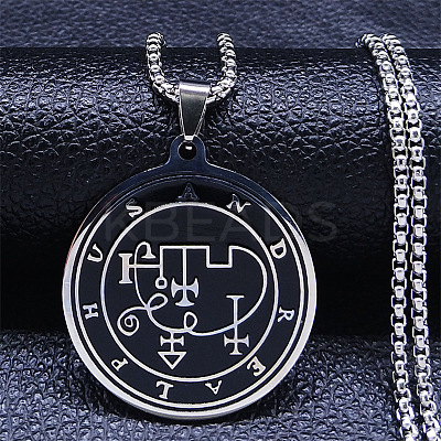 201 Stainless Steel Black Enamel Flat Round Sigil Pendant Necklaces NJEW-H065-14P-1
