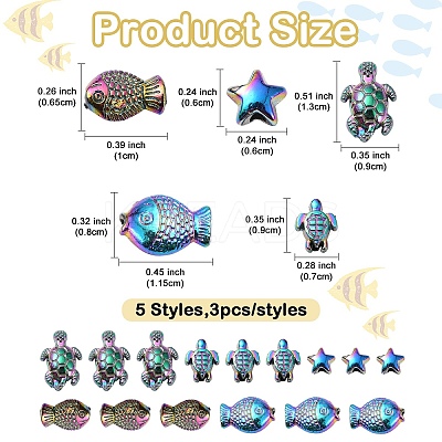 15Pcs 5 Styles Rack Plating Rainbow Color Alloy Beads FIND-YW0006-10-1