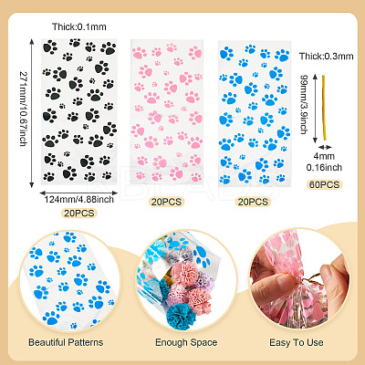 60Pcs 3 Colors Rectangle OPP Cellophane Paw Print Printed Candy Storage Bags ABAG-TA0001-74-1