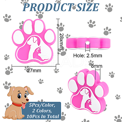 10Pcs 2 Colors Paw Print Food Grade Eco-Friendly Silicone Beads SIL-GO0001-07-1