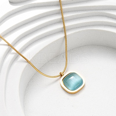 304 Stainless Steel & Dark Turquoise Cat Eye Square Pendant Round Snake Chain Necklaces for Women NJEW-K255-47G-1