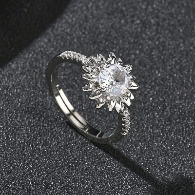 Flower Brass with Clear Cubic Zirconia Finger Rings for Women RJEW-Z111-01P-1