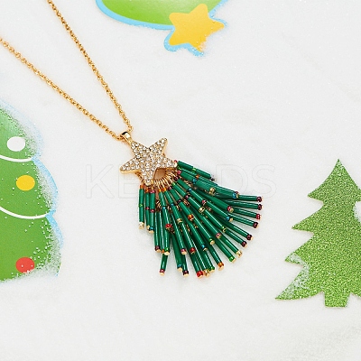 Brass Rhinestone with Glass Seed Beaded Green Christmas Tree Pendant Necklaces FS-WG6FBF4-01-1
