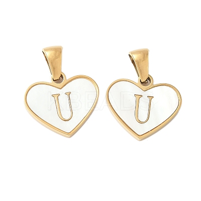 304 Stainless Steel Pave Natural White Shell Heart with Initial Slice Pendants STAS-R168-25G-U-1