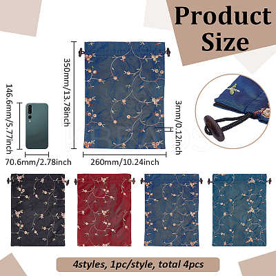 4Pcs 4 Colors Embroidery Flower Burlap Packing Pouches Drawstring Bags ABAG-FG0001-09-1