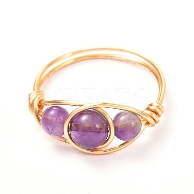 Copper Wire Wrapped Mixed Natural Gemstone Braided Bead Rings for Women RJEW-JR00387-1