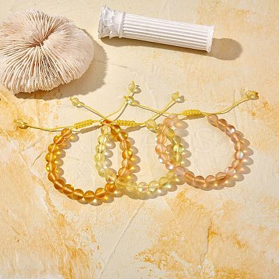 3Pcs Round Synthetic Moonstone Braided Bead Bracelets BJEW-SW00061-03-1