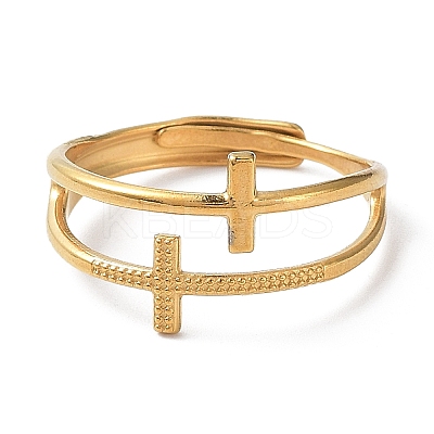 Ion Plating(IP) 304 Stainless Steel Hollow Cross Adjustable Rings RJEW-D006-01G-1