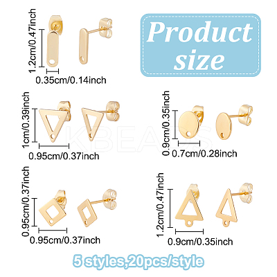 100Pcs 5 Style 201 Stainless Steel Stud Earring Findings with Hole EJEW-ME0001-01-1