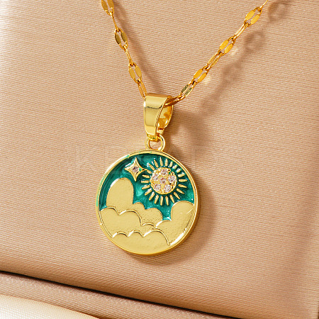 Brass Green Enamel 3D Flat Round Sky Sun Pendant Necklaces AR2379-2-1
