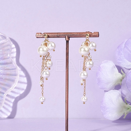Brass Shell Pearl Round Dangle Stud Earrings EJEW-TA00729-1