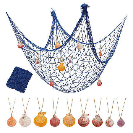 Cotton Fishing Net Decorative with Natural Shell & Jute Cord Pendant HJEW-WH0069-39-1