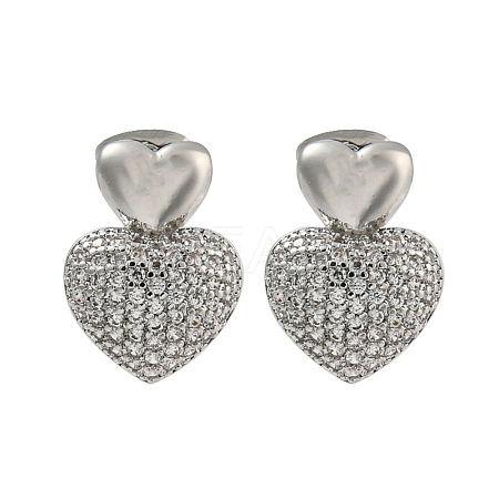 Heart Brass Pave Clear Cubic Zirconia Stud Earrings for Women EJEW-N054-44P-1