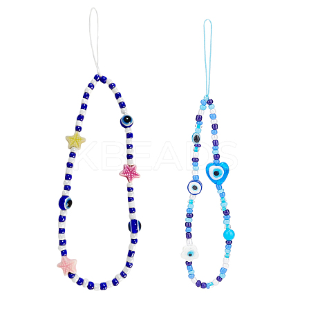 2Pcs 2 Style Evil Eye Glass Beaded Phone Lanyard AJEW-OC0004-10-1