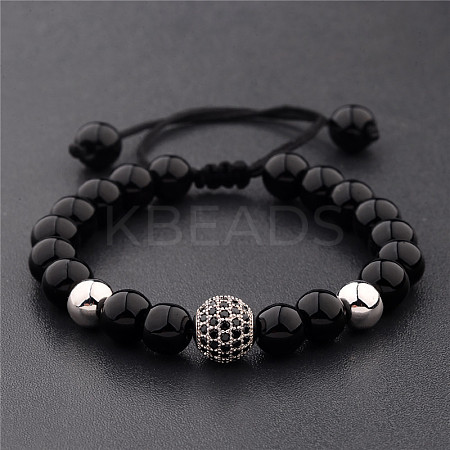Round Natural Black Onyx(Dyed & Heated) & Brass Pave Cubic Zirconia Braided Bead Bracelets for Women Men QX9034-3-1