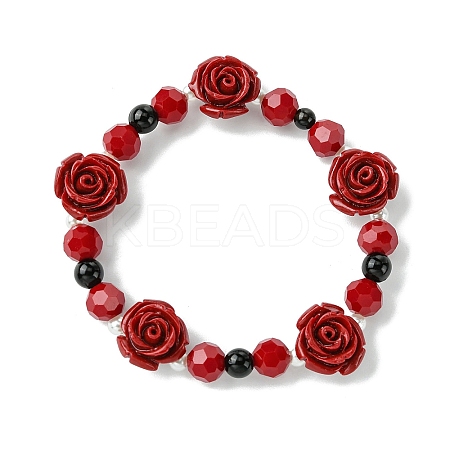 Synthetic Coral Rose Flower & Opaque Glass Beads & ABS Plastic Imitation Pearl Beaded Stretch Bracelets for Women BJEW-JB10748-1