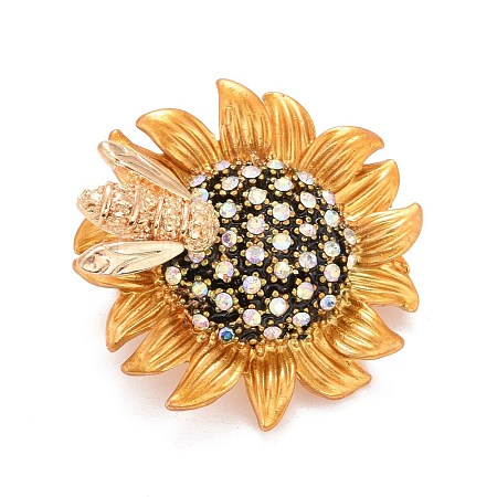 Sunflower and Bee Crystal Rhinestone Badge JEWB-E013-01G-1