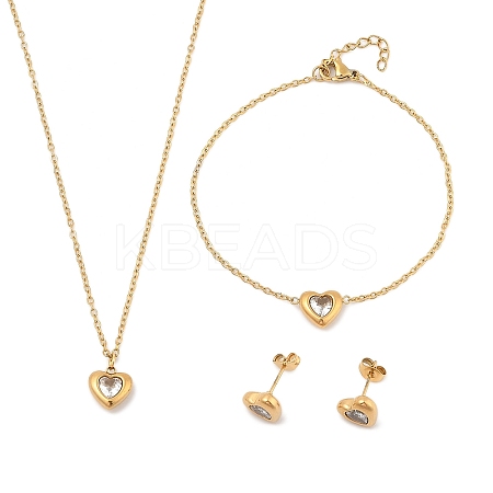 Heart 304 Stainless Steel Micro Pave Cubic Zirconia Pendant Necklaces & Bracelets & Stud Earrings Sets for Women SJEW-C004-13G-01-1