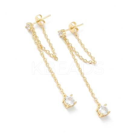 Brass Micro Pave Clear Cubic Zirconia Cable Chain Tassel Earrings EJEW-H125-12G-1