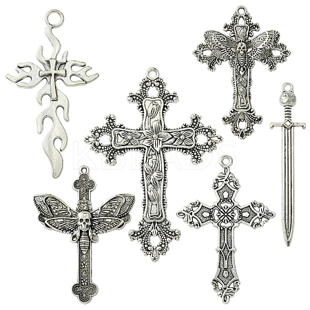 6Pcs 6 Styles Tibetan Style Alloy Cross Pendants FIND-FS0002-57-1