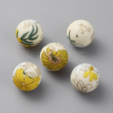 Round with Flower Food Grade Eco-Friendly Silicone Beads SIL-WH0006-21E-1