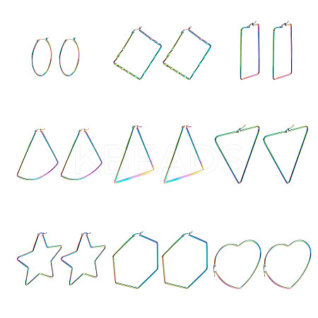 9Pairs 9 Style 304 Stainless Steel Geometric Hoop Earrings STAS-FW0001-21-1