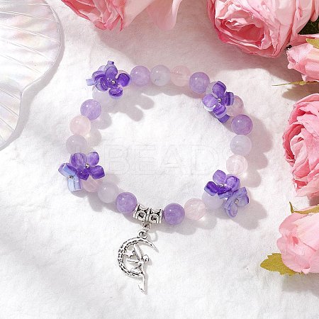 Natural Aquamarine & Rose Quartz & Amethyst Round Beaded Charm Bracelets BJEW-TA00615-01-1