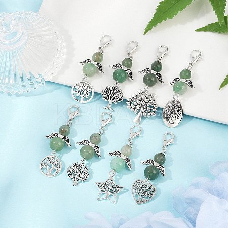 Angel Natural Green Aventurine Beads & Alloy Tree Pendant Decorations HJEW-JM03075-1