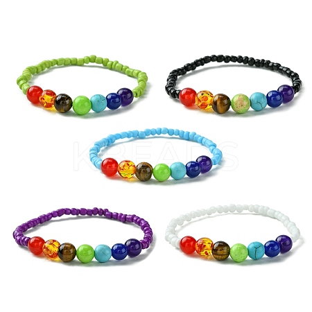 Natural & Synthetic Mixed Gemstone & Glass Seed Beaded Stretch Bracelet for Women BJEW-JB09658-1