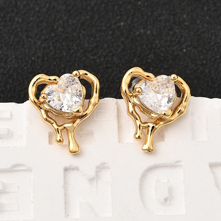 Brass Micro Pave Clear Cubic Zirconia Heart Stud Earrings EJEW-C158-08G-1
