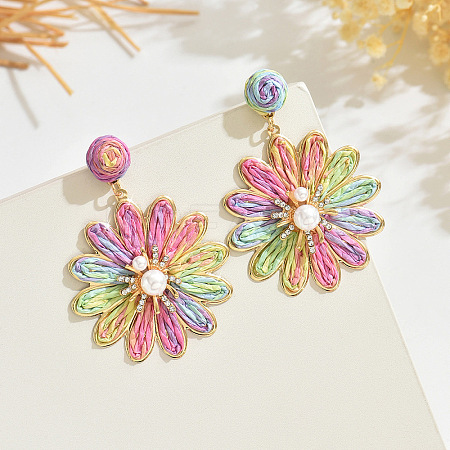 Flower Alloy Raffia Dangle Stud Earrings FS-WG63945-02-1