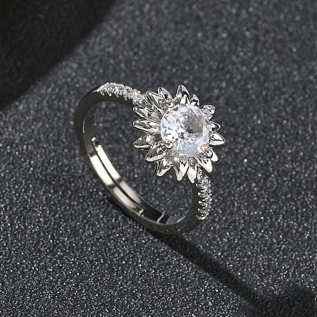 Flower Brass with Clear Cubic Zirconia Finger Rings for Women RJEW-Z111-01P-1