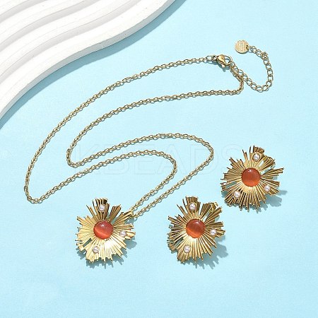 304 Stainless Steel Flower Pendant Necklaces & Stud Earrings Sets for Women SJEW-B020-03G-1