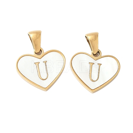 304 Stainless Steel Pave Natural White Shell Heart with Initial Slice Pendants STAS-R168-25G-U-1