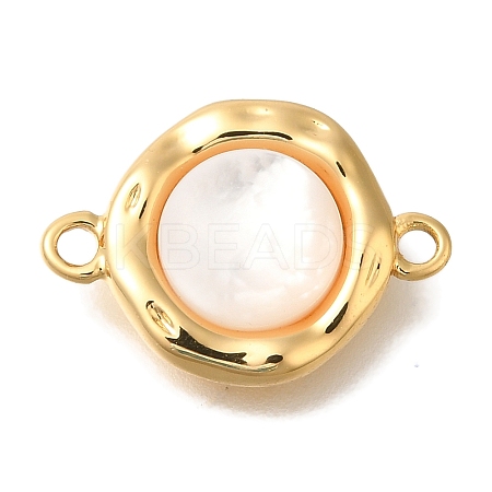 Brass Pave Natural White Shell Flat Round Connector Charms KK-K388-79G-1