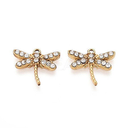 304 Stainless Steel and Crystal Rhinestone Dragonfly Charms STAS-T072-62G-1