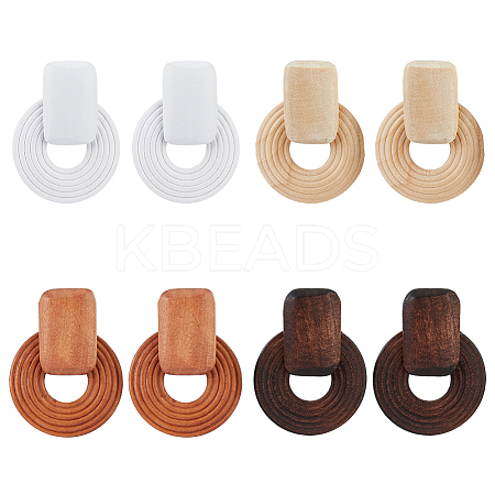 4 Pairs 4 Color Wood Donut Dangle Stud Earring with 316 Stainless Steel Pins for Women EJEW-FI0002-46-1