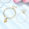 2Pcs 2 Styles 304 Stainless Steel Sea Turtle & Round Shell Pearl Charm Bracelets & 316 Surgical Stainless Steel Plastic Imitation Pearl Link Bracelets Set for Women BJEW-JB12422-1
