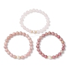 3Pcs Round Natural Rose Quartz & Rhodochrosite & Pink Opal & Pearl Beaded Stackable Stretch Bracelets Sets BJEW-JB12995-3